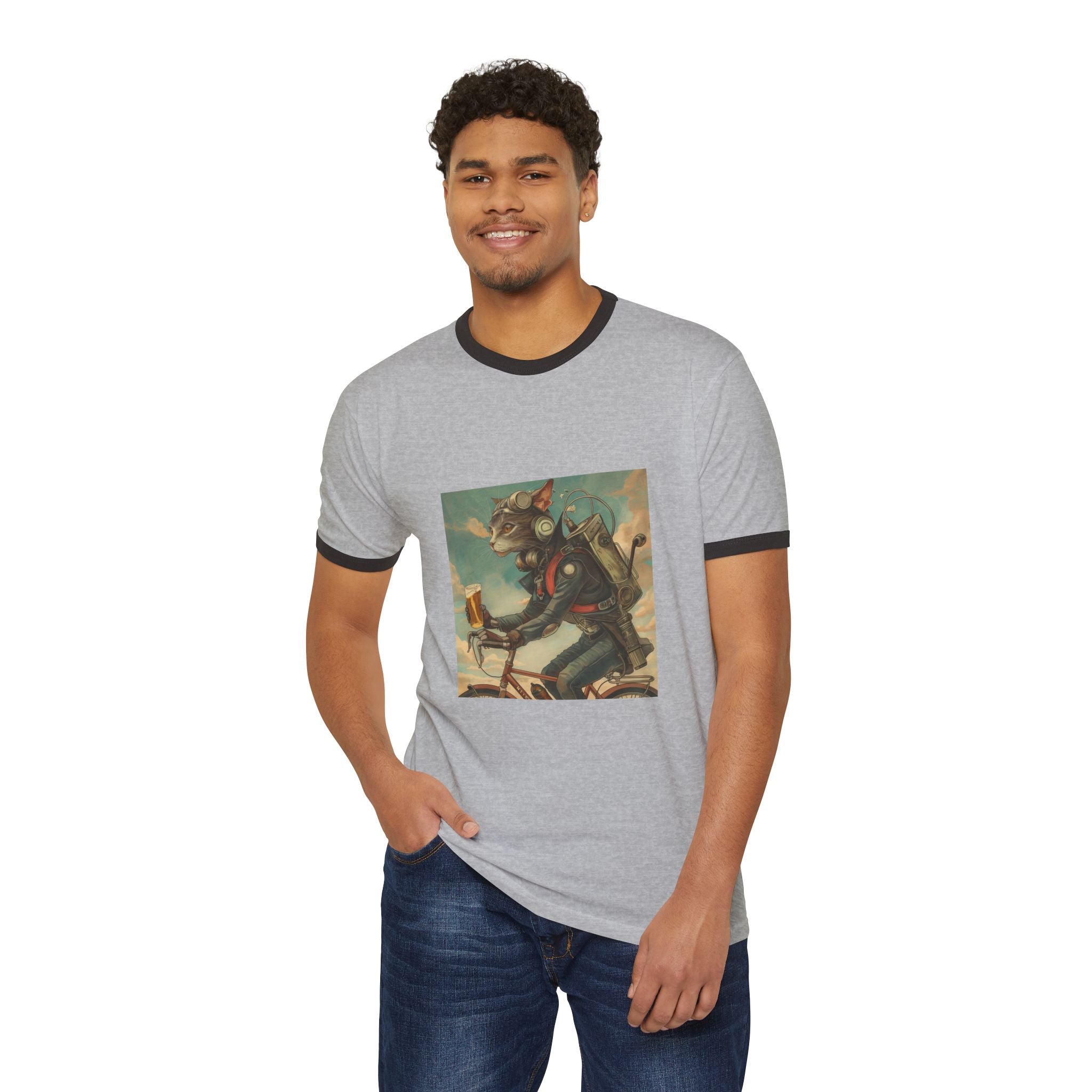 Cat Robot Bike Ride Unisex Cotton Ringer T-Shirt