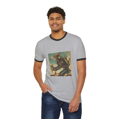 Cat Robot Bike Ride Unisex Cotton Ringer T-Shirt