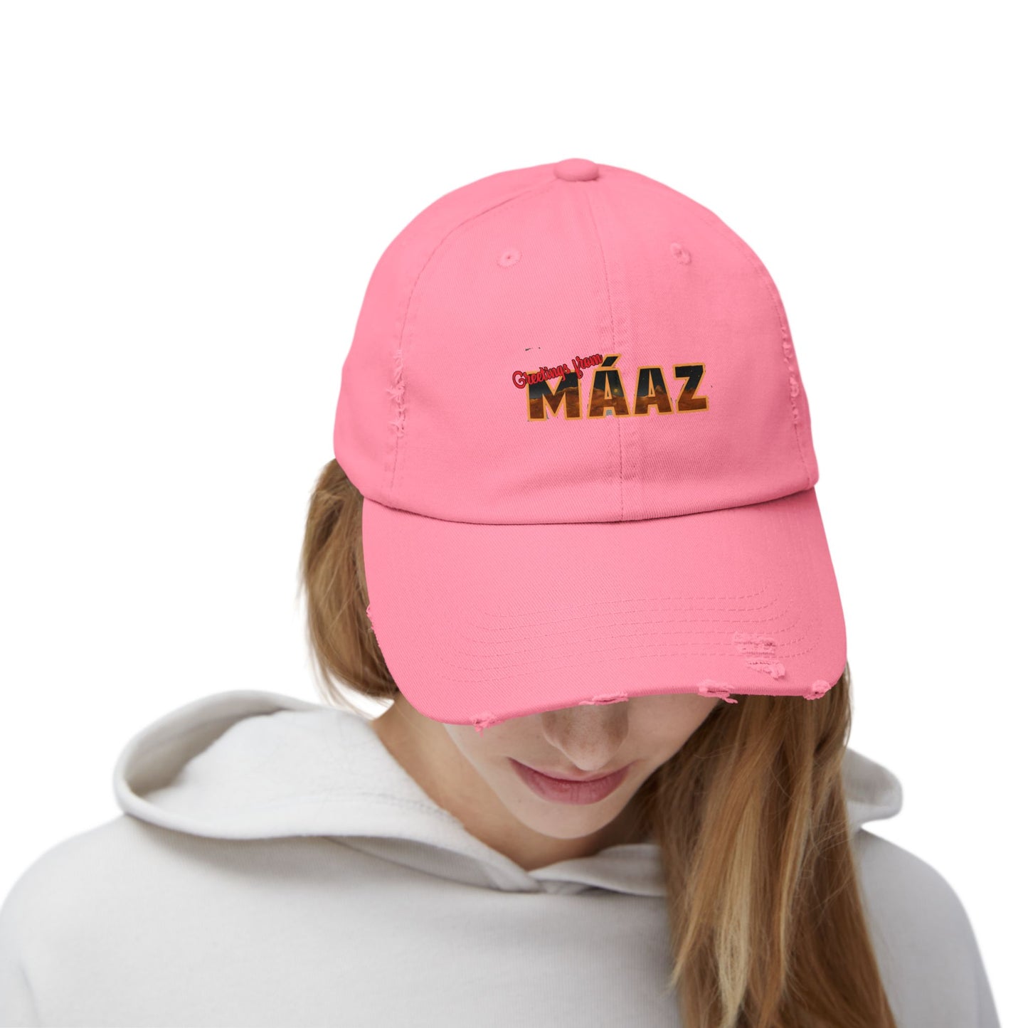 Greetings from Máaz Unisex Distressed Cap