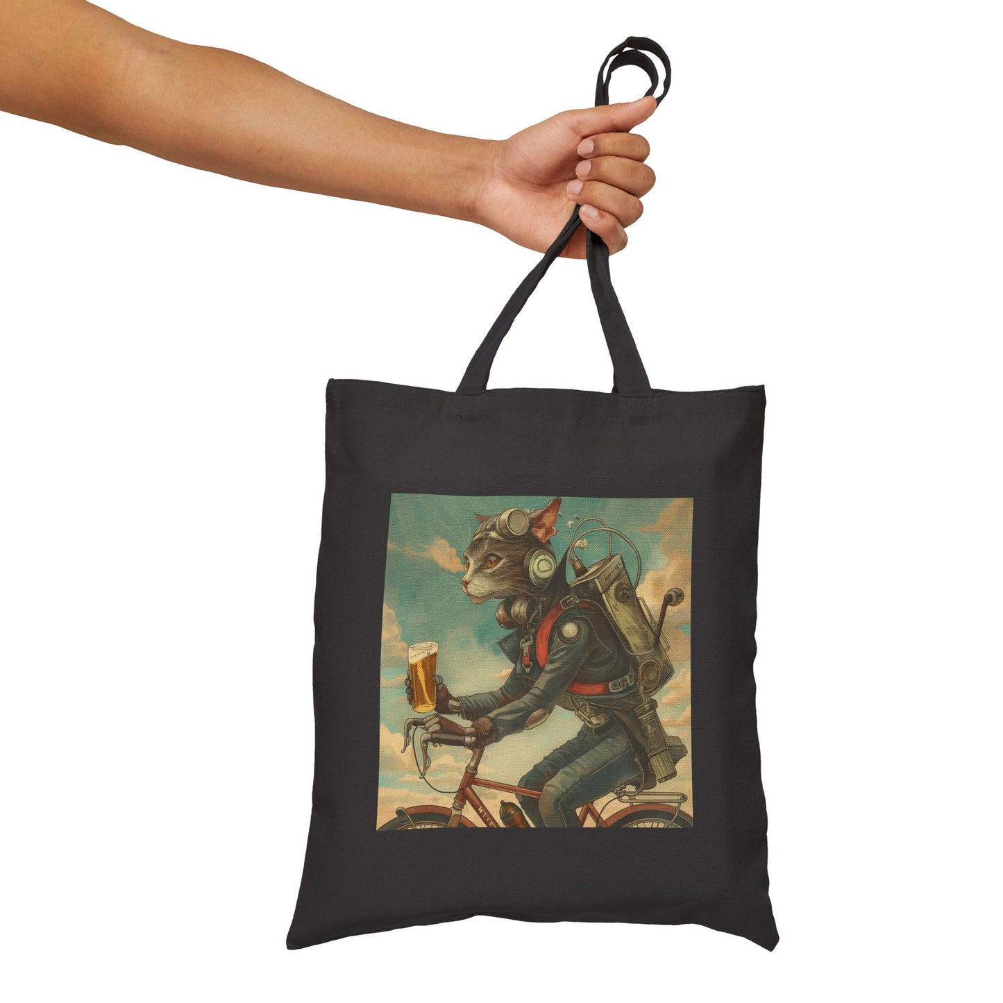 Cat Robot Bike Cotton Canvas Tote Bag