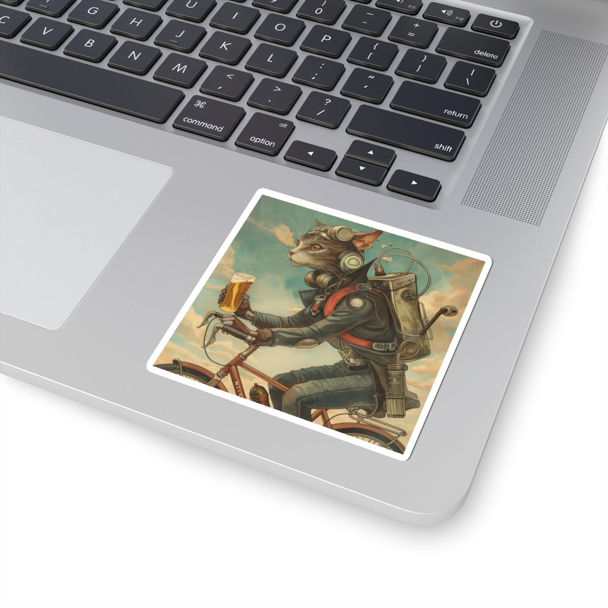 Bike Cat Robot Kiss-Cut Stickers, Whimsical Cat Art, Bike Riding Cat, Fun Gifts for Cat Lovers, Laptop Decor, Unique Stickers