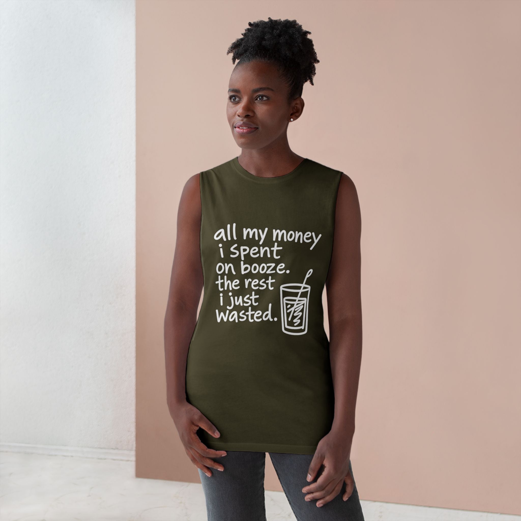 Funny Alcohol Quote Tank Top — “All My Money I Spent on Booze, The Rest I Just Wasted”