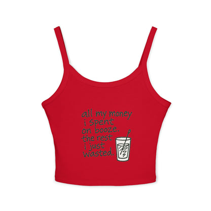 Wasted Booze Spaghetti Tank Top — "All My Money I Spent on Booze, The Rest I Just Wasted" Funny Drink Graphic