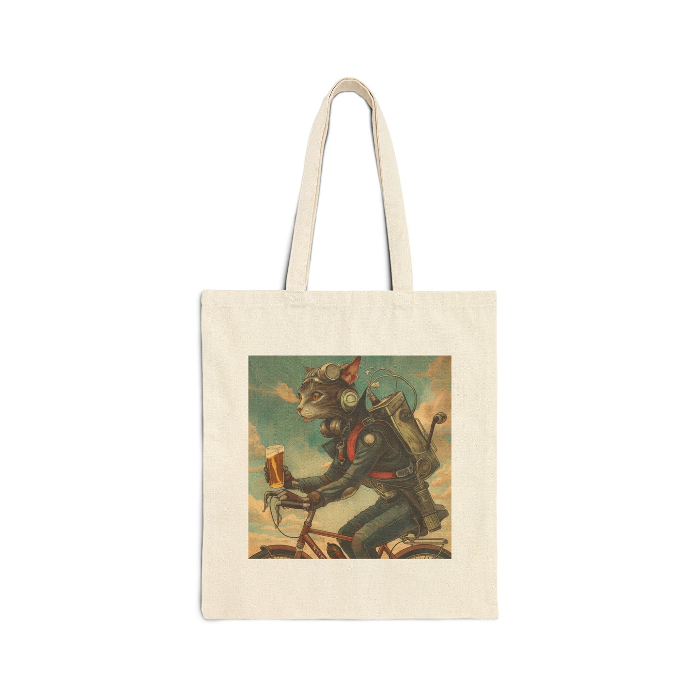 Cat Robot Bike Cotton Canvas Tote Bag