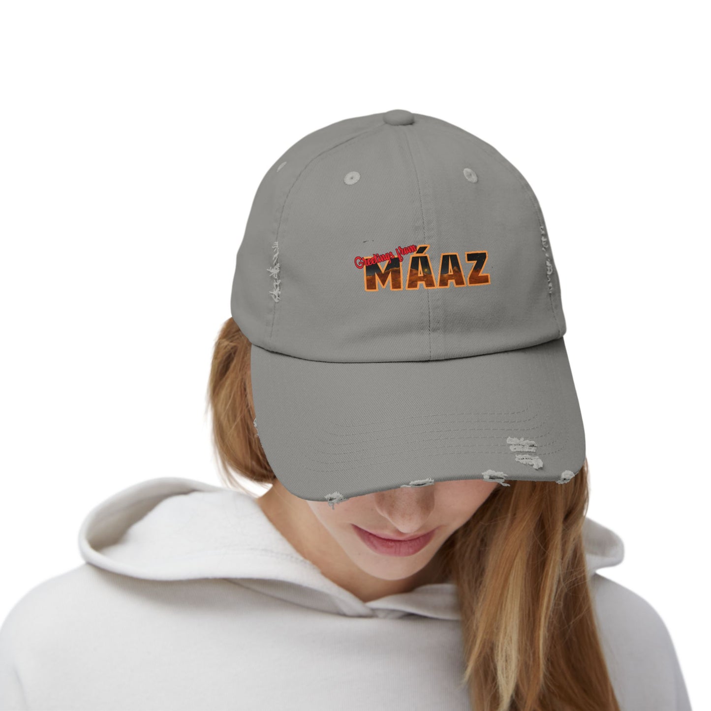 Greetings from Máaz Unisex Distressed Cap