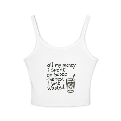 Wasted Booze Spaghetti Tank Top — "All My Money I Spent on Booze, The Rest I Just Wasted" Funny Drink Graphic