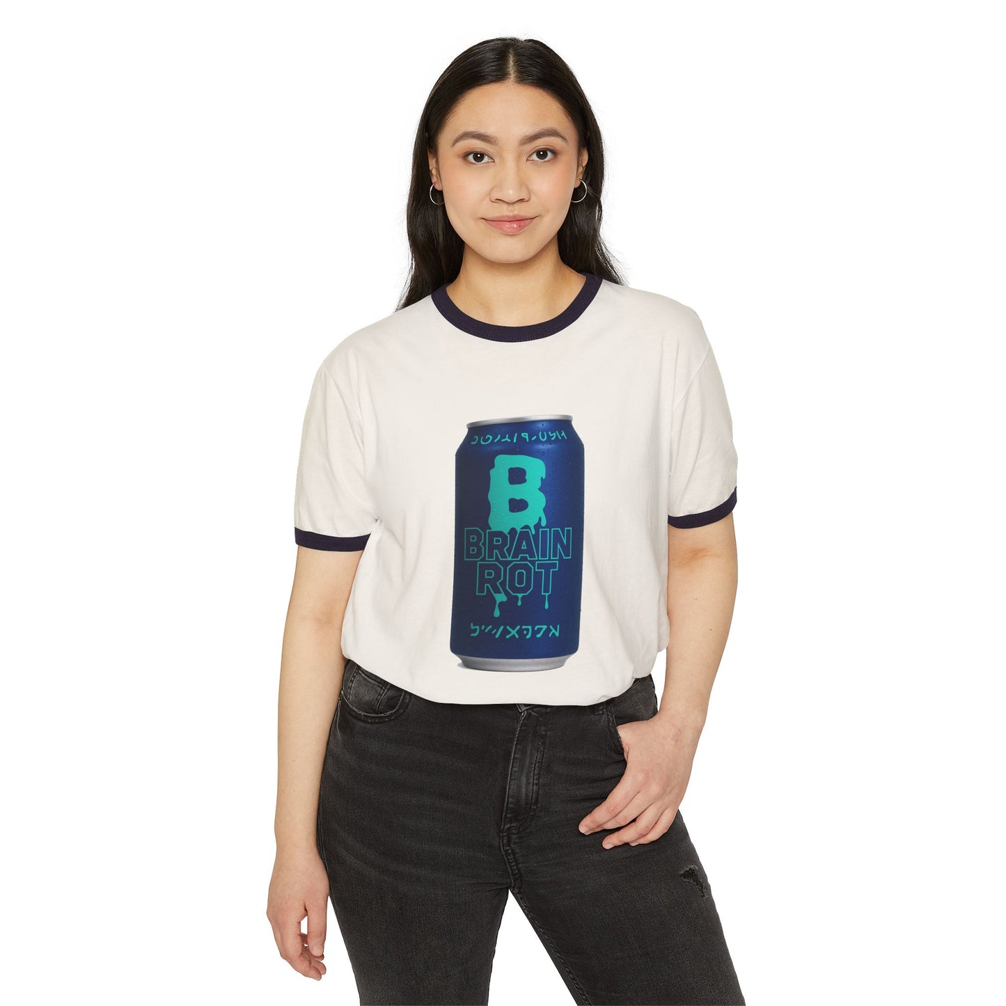 Brain Rot Ringer T-Shirt — Retro 'Brain Rot' Soda Can Graphic Tee