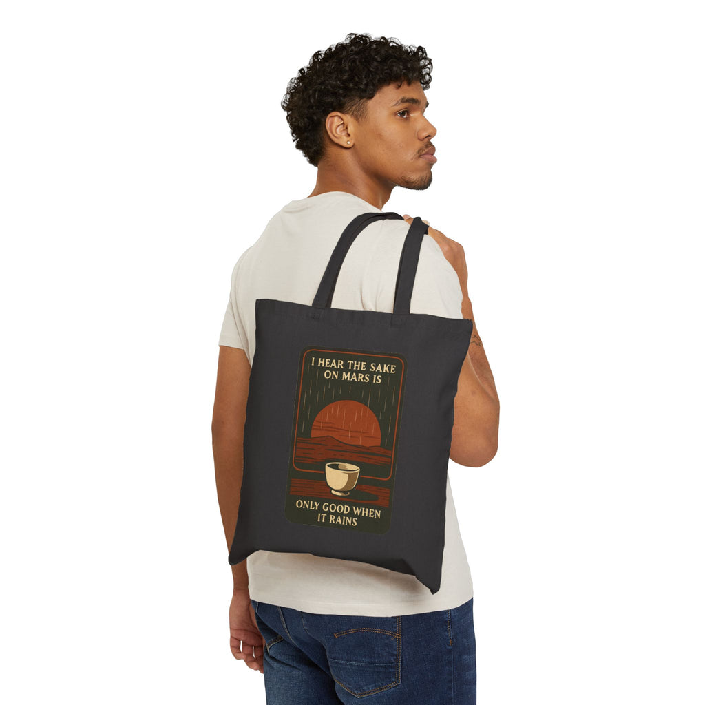 Sake on Mars Canvas Tote Bag - "I Hear the Sake on Mars is Only Good When It Rains" Retro Space Illustration