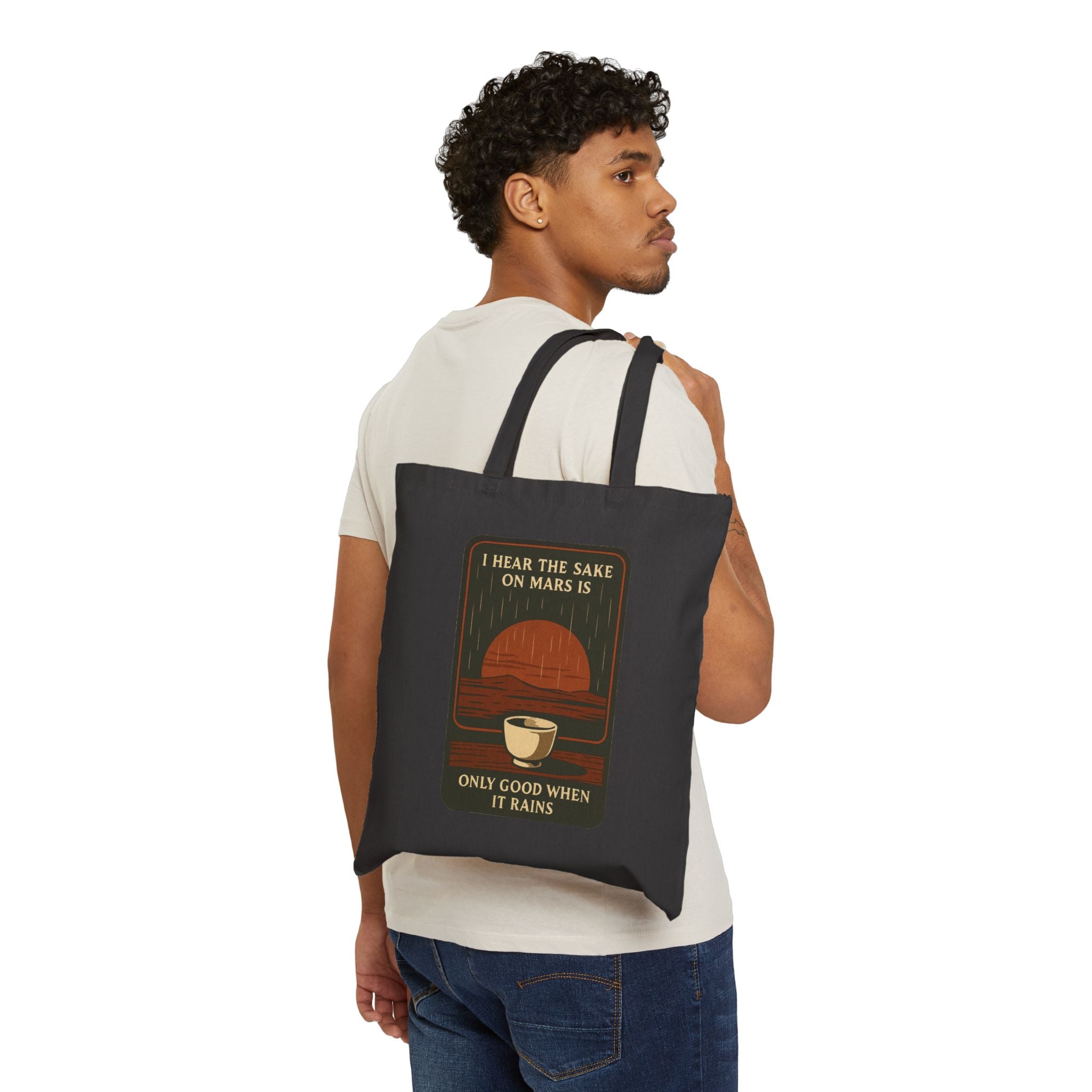 Sake on Mars Canvas Tote Bag - "I Hear the Sake on Mars is Only Good When It Rains" Retro Space Illustration