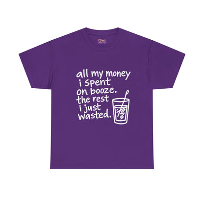 Humorous Alcohol Tee — "All My Money I Spent on Booze" Graphic T-Shirt