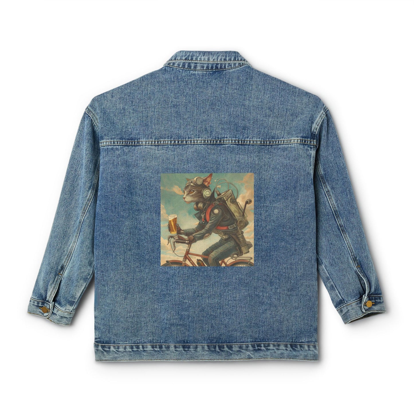 Cat Robot Bike Ride Retro Graphic Women's Denim Jacket - Trendy Casual Outerwear