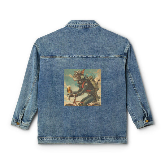 Cat Robot Bike Ride Retro Graphic Women's Denim Jacket - Trendy Casual Outerwear