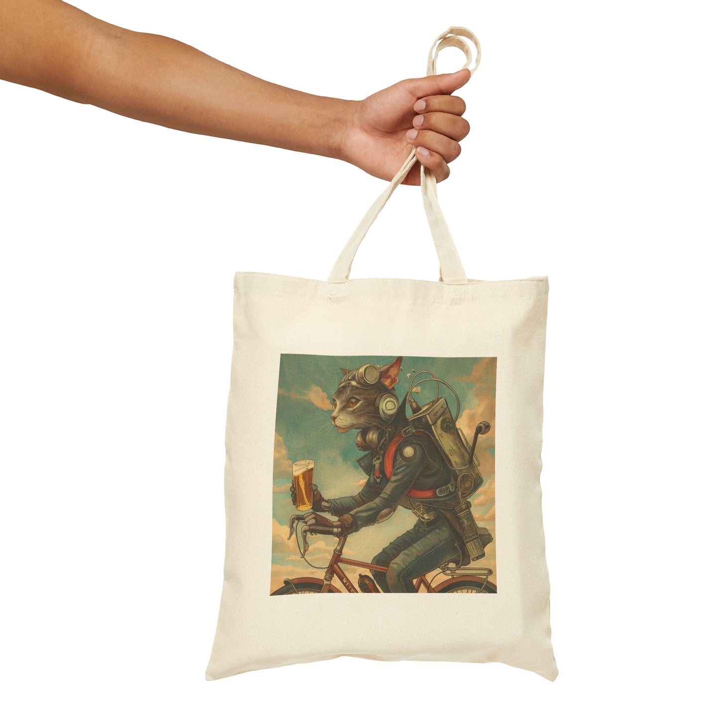 Cat Robot Bike Cotton Canvas Tote Bag