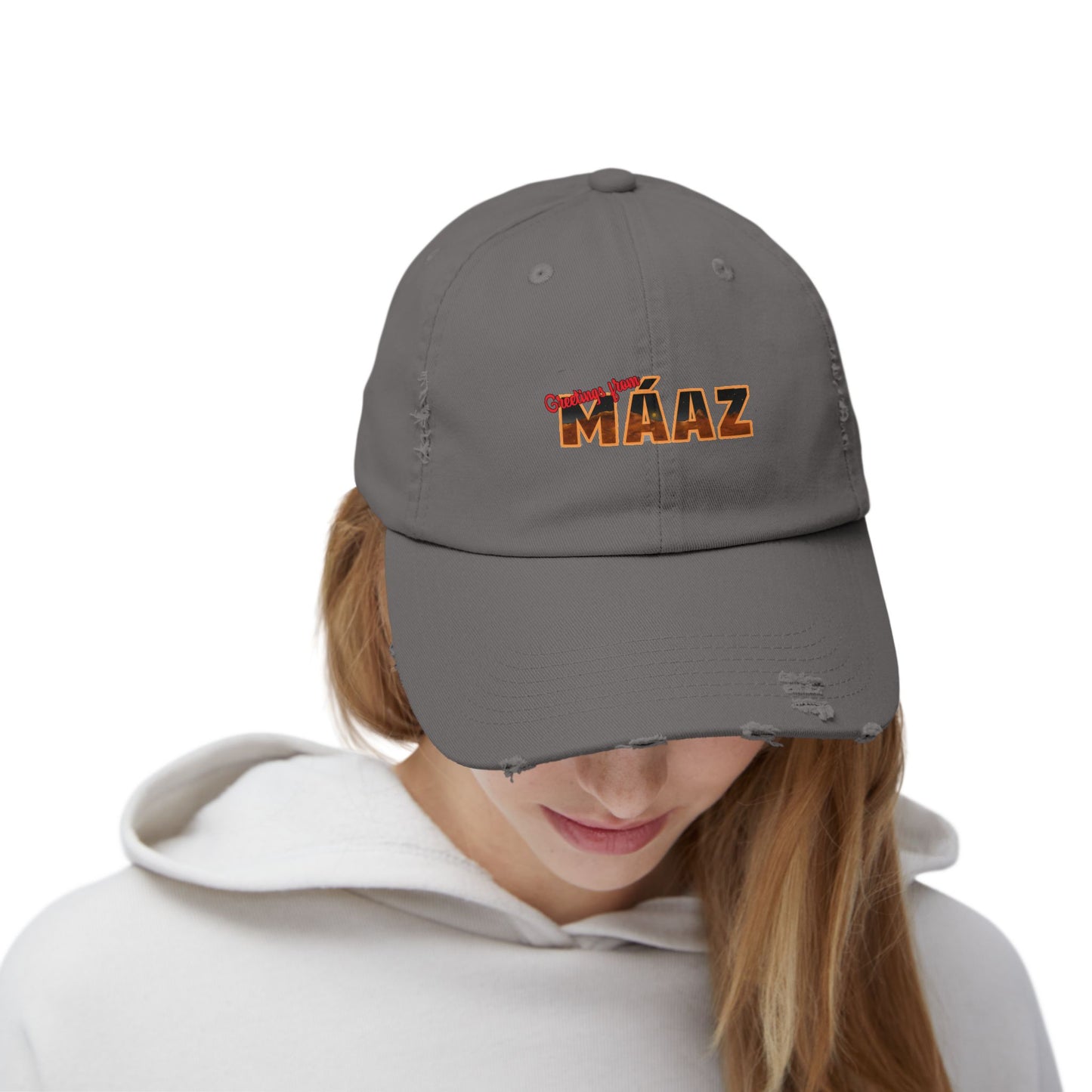 Greetings from Máaz Unisex Distressed Cap