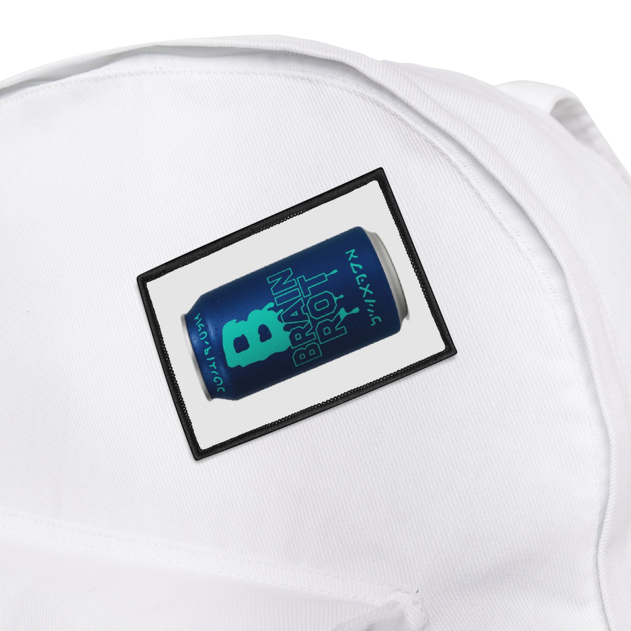 Brain Rot Soda Can Iron-On Patch — Retro Blue Beverage Can Patch for Jackets & Backpacks