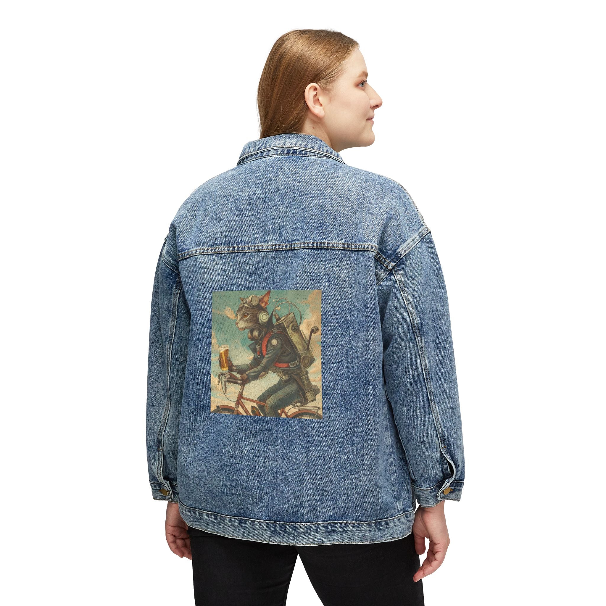 Cat Robot Bike Ride Retro Graphic Women's Denim Jacket - Trendy Casual Outerwear