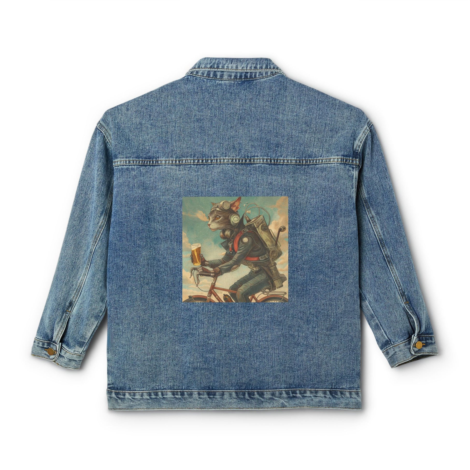 Cat Robot Bike Ride Retro Graphic Women's Denim Jacket - Trendy Casual Outerwear