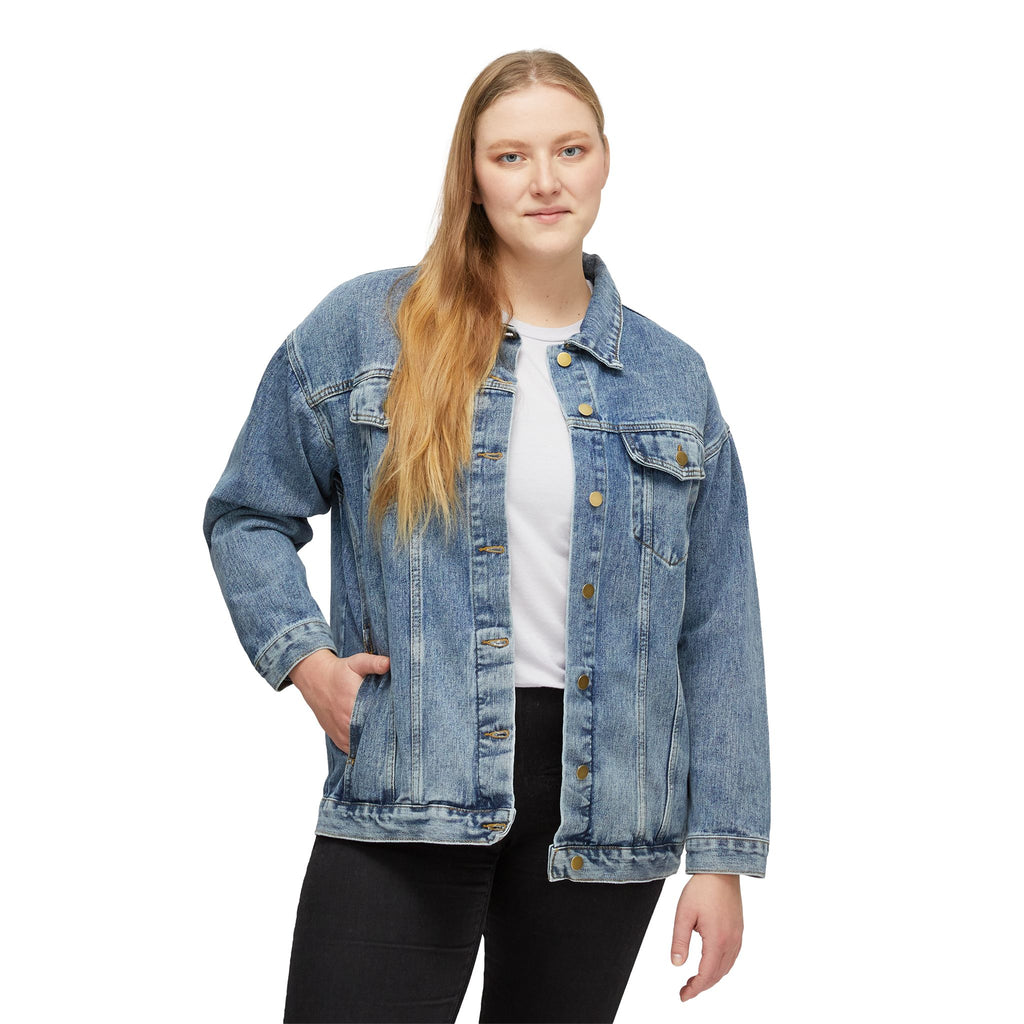 Cat Robot Bike Ride Retro Graphic Women's Denim Jacket - Trendy Casual Outerwear